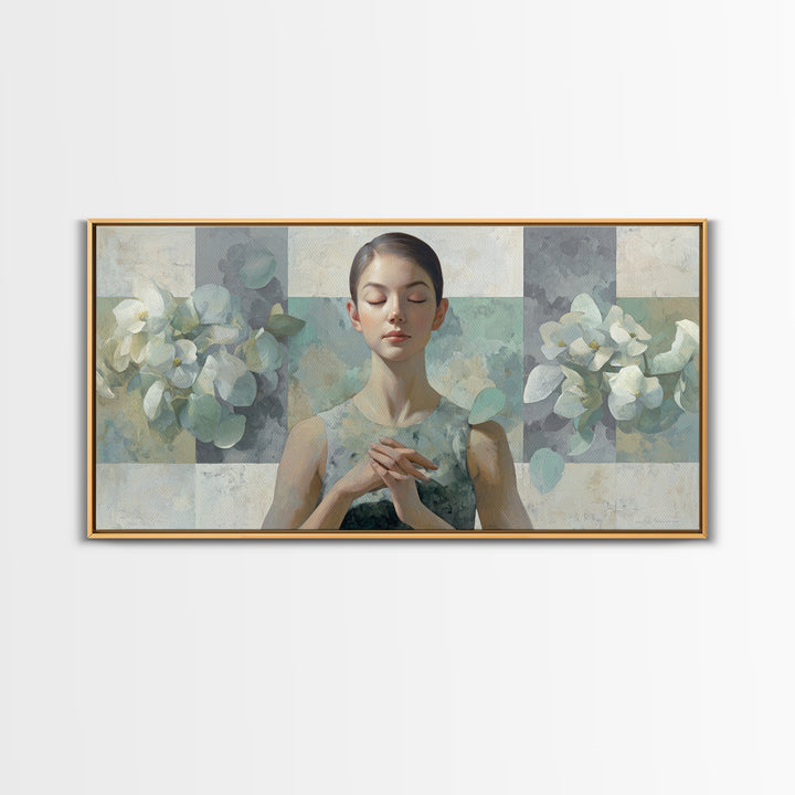 Calm Face Portrait Framed Canvas Print, Meditation Art, Statement Artwork, Living Room Decor, Fine Art, Stillness, Art Deco, MED-2x1-20