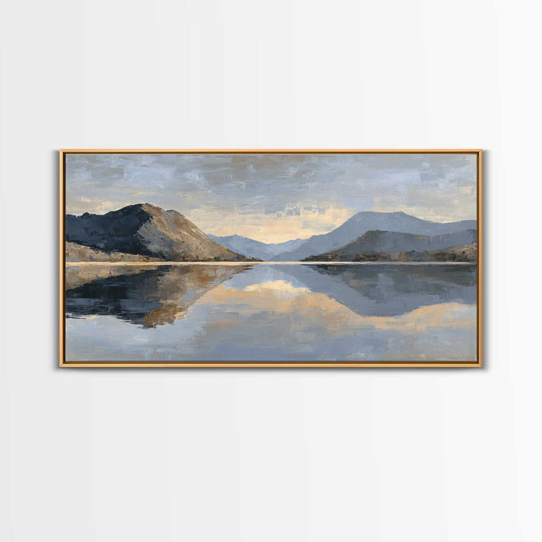 Mountain Lake at Sunrise Framed Canvas Print, Meditation Art, Digital Print, Living Room Decor, Oil Painting, Stillness, MED-2x1-25
