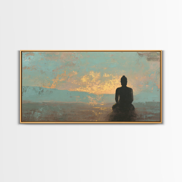Buddha Silhouette Surrounded by Warm Light Framed Canvas Print, Meditation Art, Boho Wall Decor, Living Room Decor, Stillness, MED-2x1-3