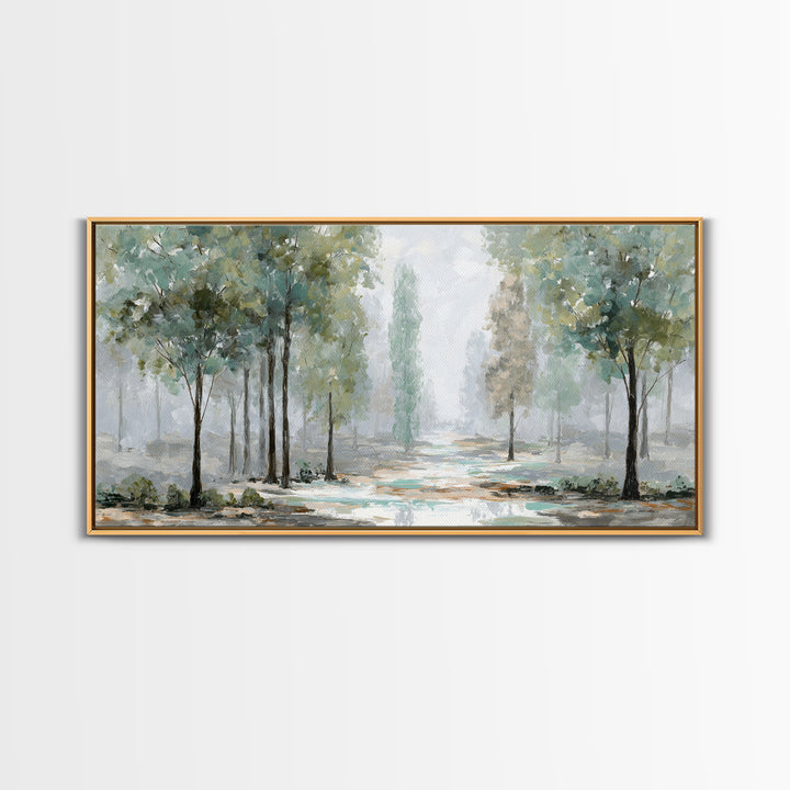 Misty Forest Path Framed Canvas Print, Meditation Art, Art Deco, Living Room Decor, Fine Art, Stillness, Digital Download Art, MED-2x1-33