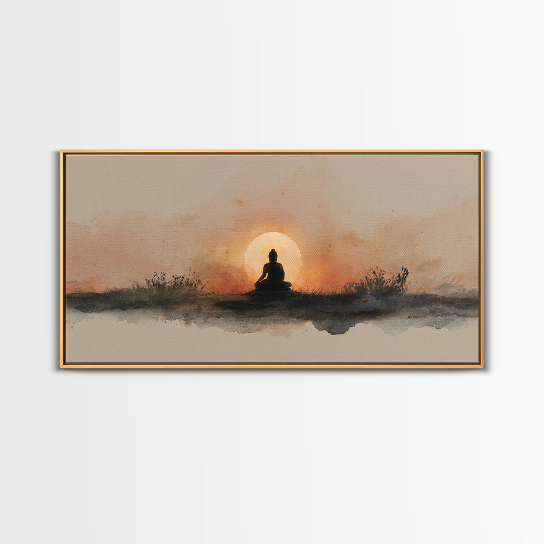Buddha Silhouette Surrounded by Warm Light Canvas Print, Meditation Art, Gallery Wall Art, Living Room Decor, Stillness, MED-2x1-51