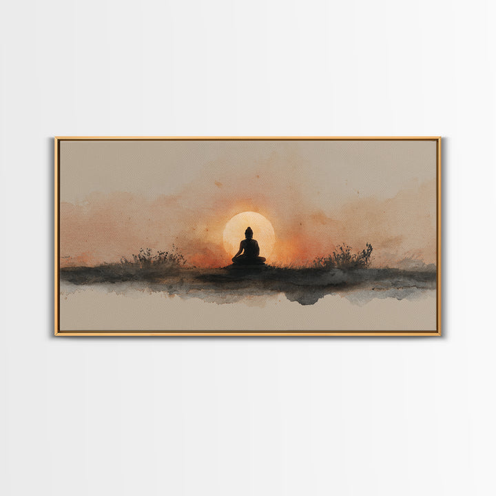 Buddha Silhouette Surrounded by Warm Light Canvas Print, Meditation Art, Gallery Wall Art, Living Room Decor, Stillness, MED-2x1-51