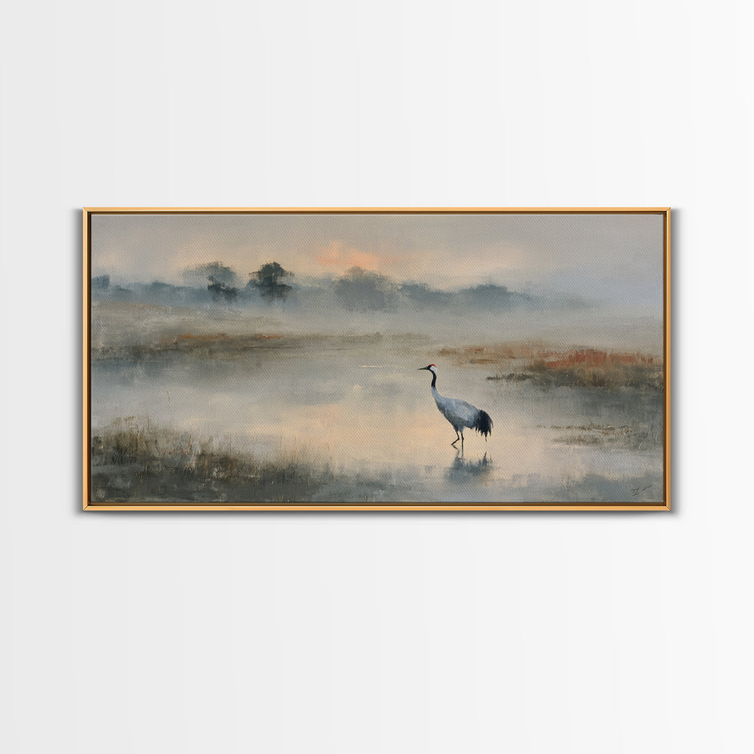 White Crane in Quiet Morning Mist Framed Canvas Print, Meditation Art, Canvas Art, Living Room Decor, Oil Painting, Stillness, MED-2x1-60