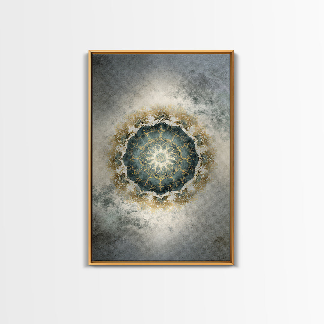 Mandala with Soft Gold and Indigo Symmetry Framed Canvas Print, Meditation Art, Original Art, Living Room Decor, Stillness, MED-2x3-34