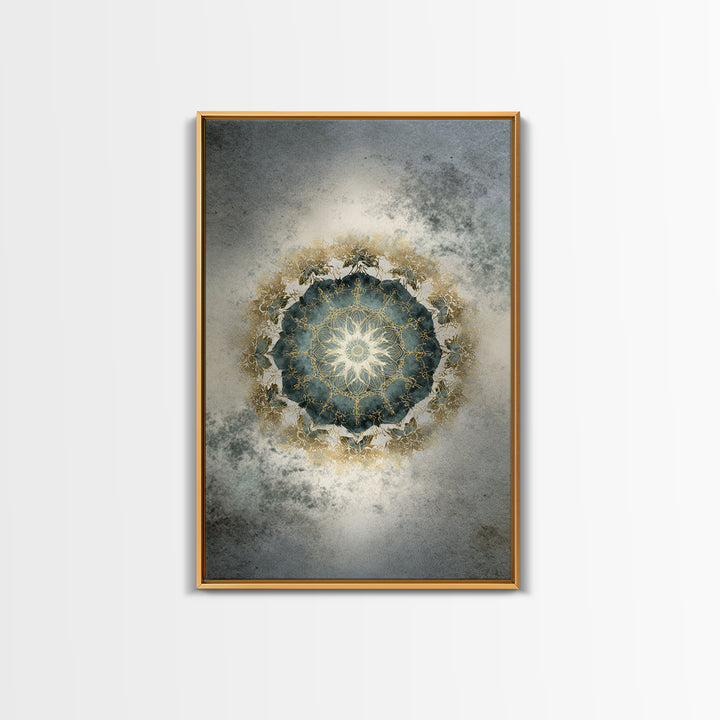 Mandala with Soft Gold and Indigo Symmetry Framed Canvas Print, Meditation Art, Original Art, Living Room Decor, Stillness, MED-2x3-34