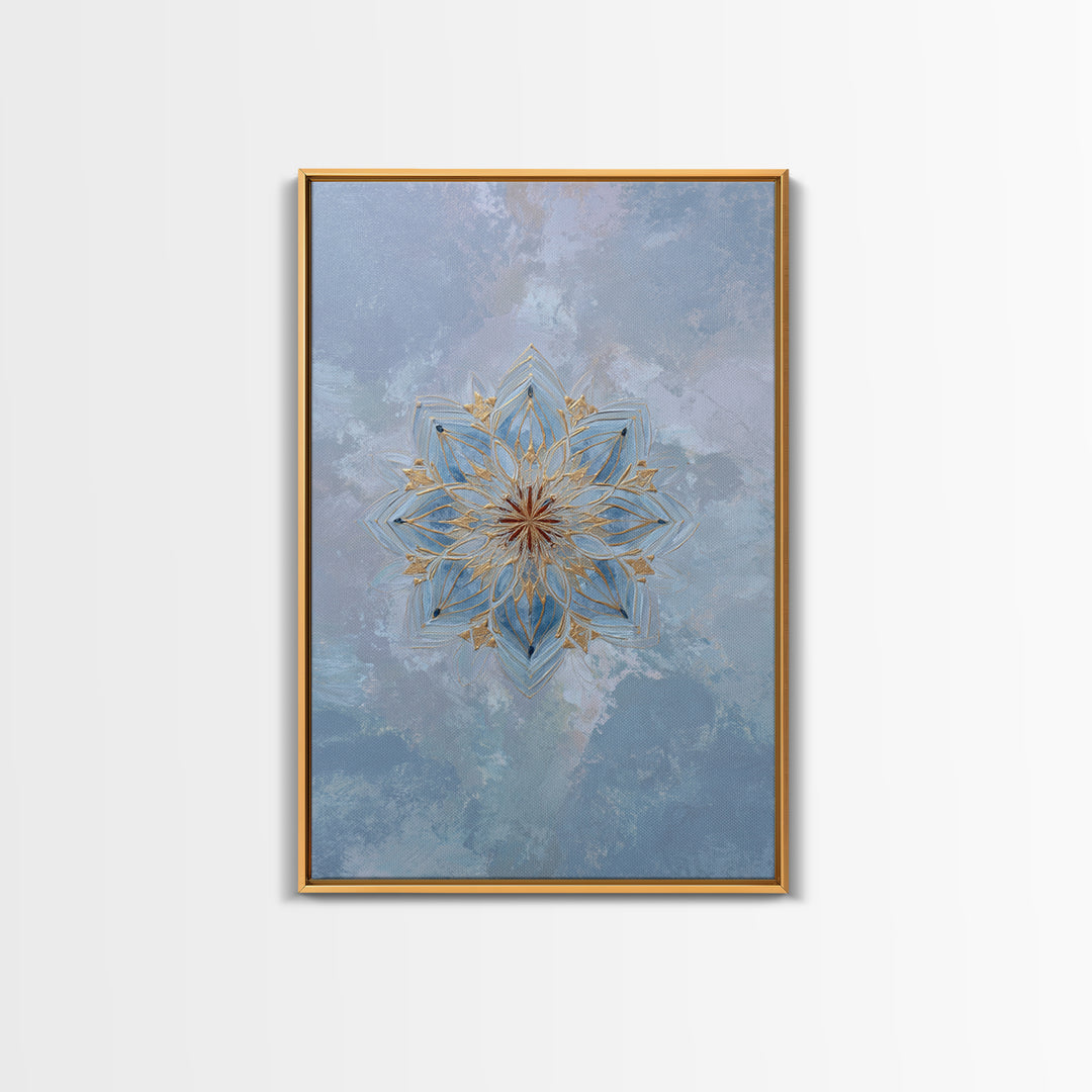 Mandala with Soft Gold and Indigo Symmetry Canvas Print, Meditation Art, Boho Wall Art, Living Room Decor, Fine Art, Stillness, MED-2x3-82