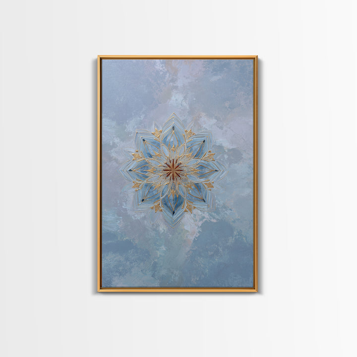 Mandala with Soft Gold and Indigo Symmetry Canvas Print, Meditation Art, Boho Wall Art, Living Room Decor, Fine Art, Stillness, MED-2x3-82