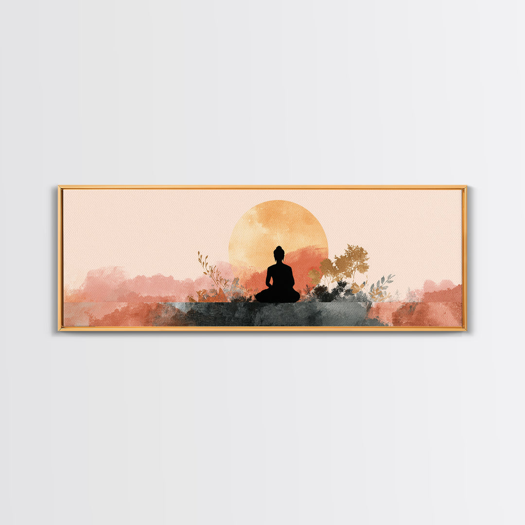 Buddha Silhouette Surrounded by Warm Light Framed Canvas Print, Meditation Art, Art Print, Living Room Decor, Stillness, MED-3x1-23