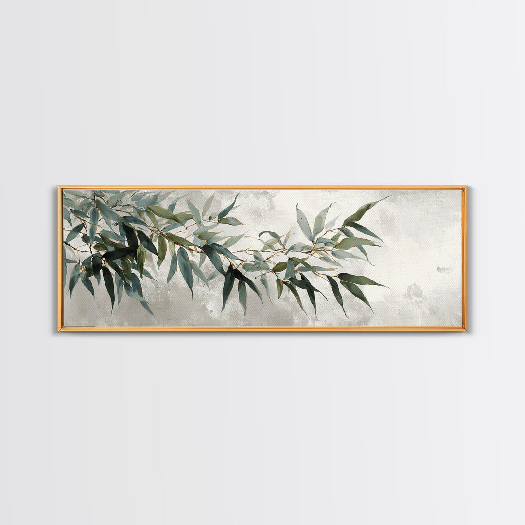 Bamboo Leaves in Gentle Ink Wash Framed Canvas Print, Meditation Art, Room Decor, Living Room Decor, Fine Art, Stillness, MED-3x1-27