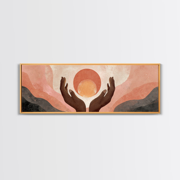 Hands Holding a Tiny Glowing Sun Canvas Print, Meditation Art, Spiritual Wall Art, Living Room Decor, Watercolor Art, Stillness, MED-3x1-4