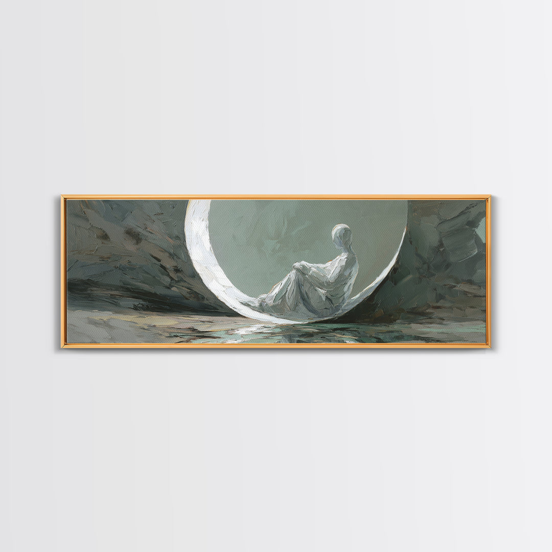 Single Seated Figure Beneath a Crescent Moon Canvas Print, Meditation Art, Abstract Art, Living Room Decor, Fine Art, Stillness, MED-3x1-43