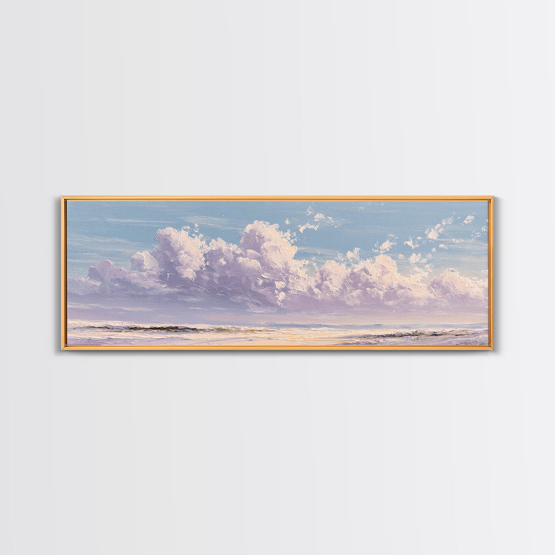 Gentle Cloudscape in Lavender and Cream Framed Canvas Print, Meditation Art, Art Deco, Living Room Decor, Fine Art, Stillness, MED-3x1-59