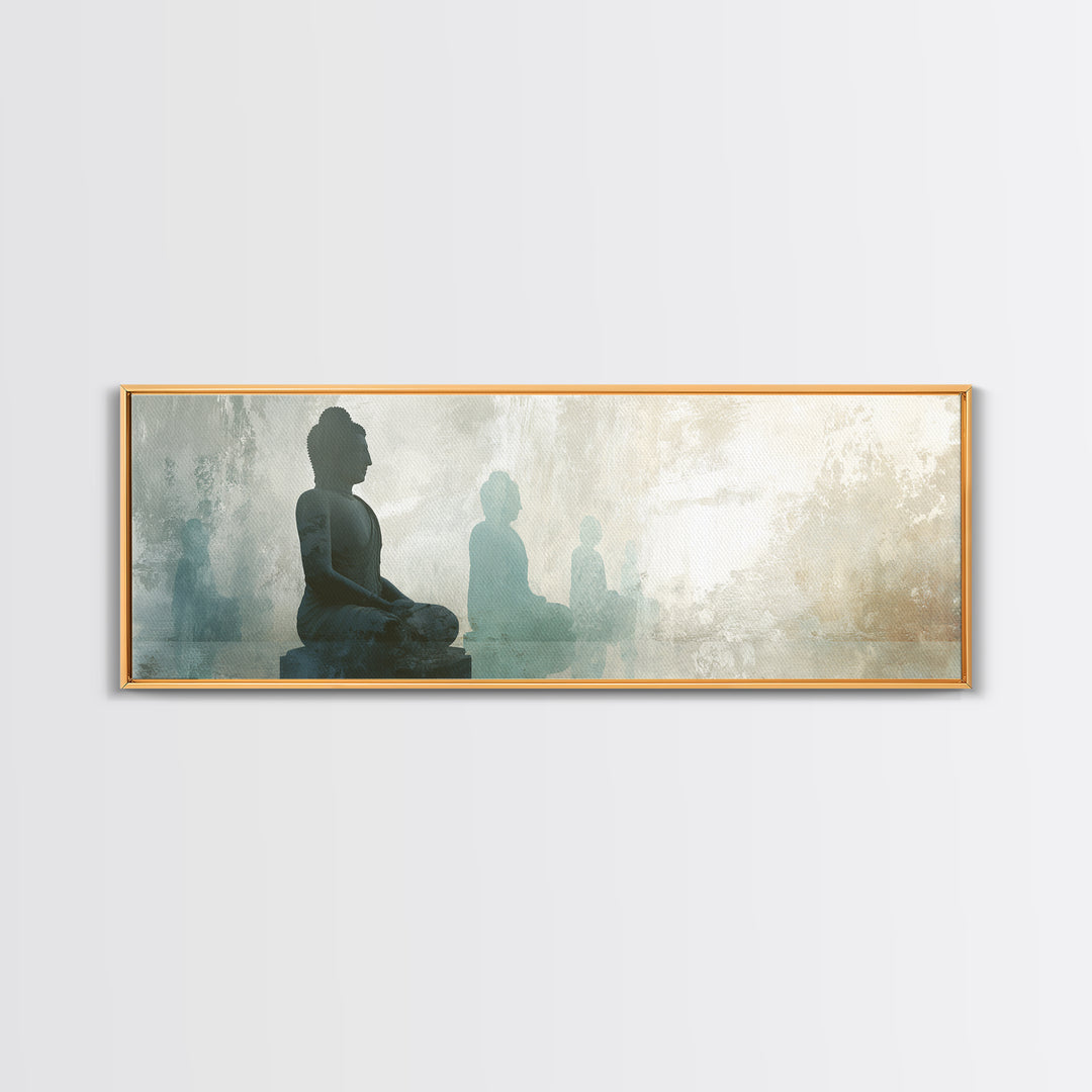 Buddha Silhouette Surrounded by Warm Light Canvas Print, Meditation Art, Boho Wall Decor, Living Room Decor, Stillness, MED-3x1-71