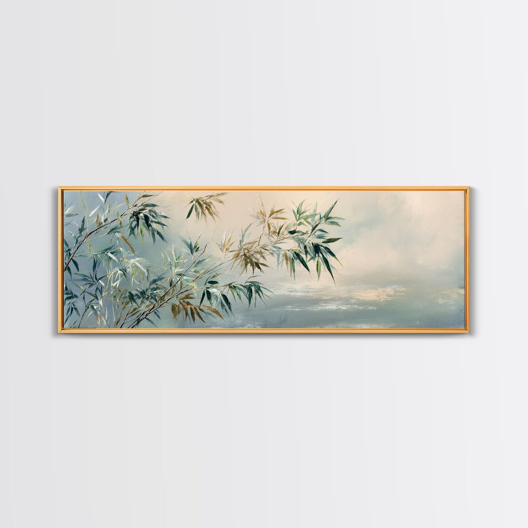Bamboo Leaves in Gentle Ink Wash Canvas Print, Meditation Art, Floral Wall Art, Living Room Decor, Fine Art, Stillness, MED-3x1-75