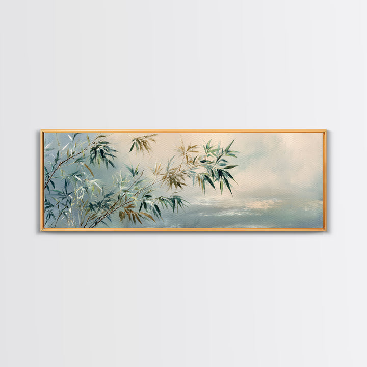 Bamboo Leaves in Gentle Ink Wash Canvas Print, Meditation Art, Floral Wall Art, Living Room Decor, Fine Art, Stillness, MED-3x1-75