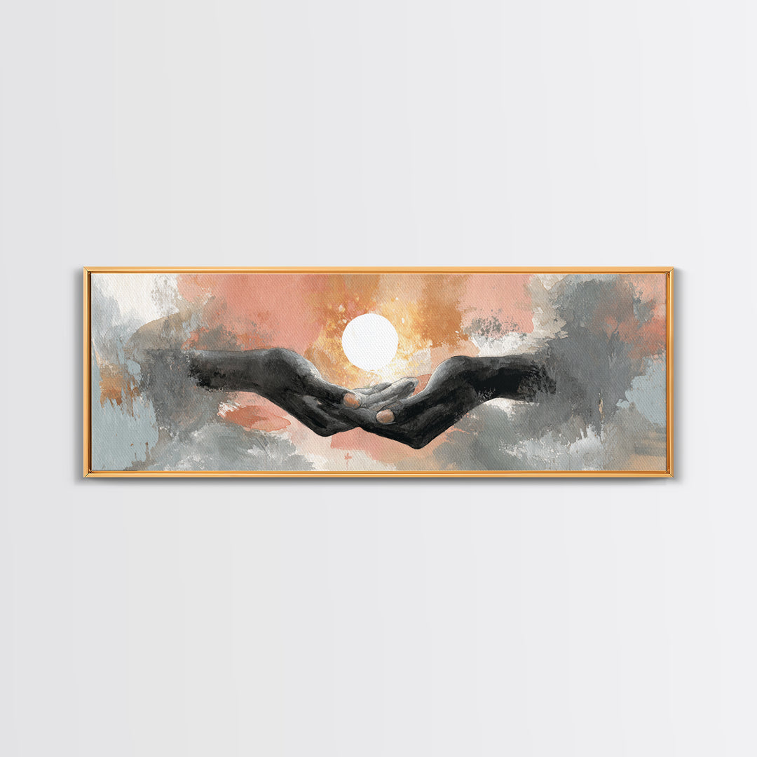 Hands Holding a Tiny Glowing Sun Canvas Print, Meditation Art, Digital Wall Art, Living Room Decor, Fine Art, Stillness, MED-3x1-76