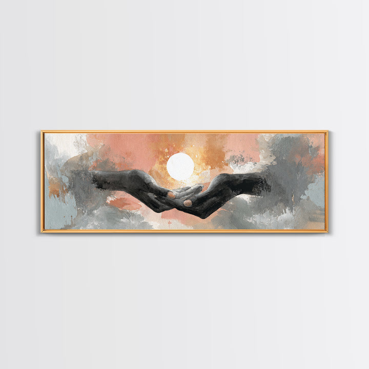 Hands Holding a Tiny Glowing Sun Canvas Print, Meditation Art, Digital Wall Art, Living Room Decor, Fine Art, Stillness, MED-3x1-76