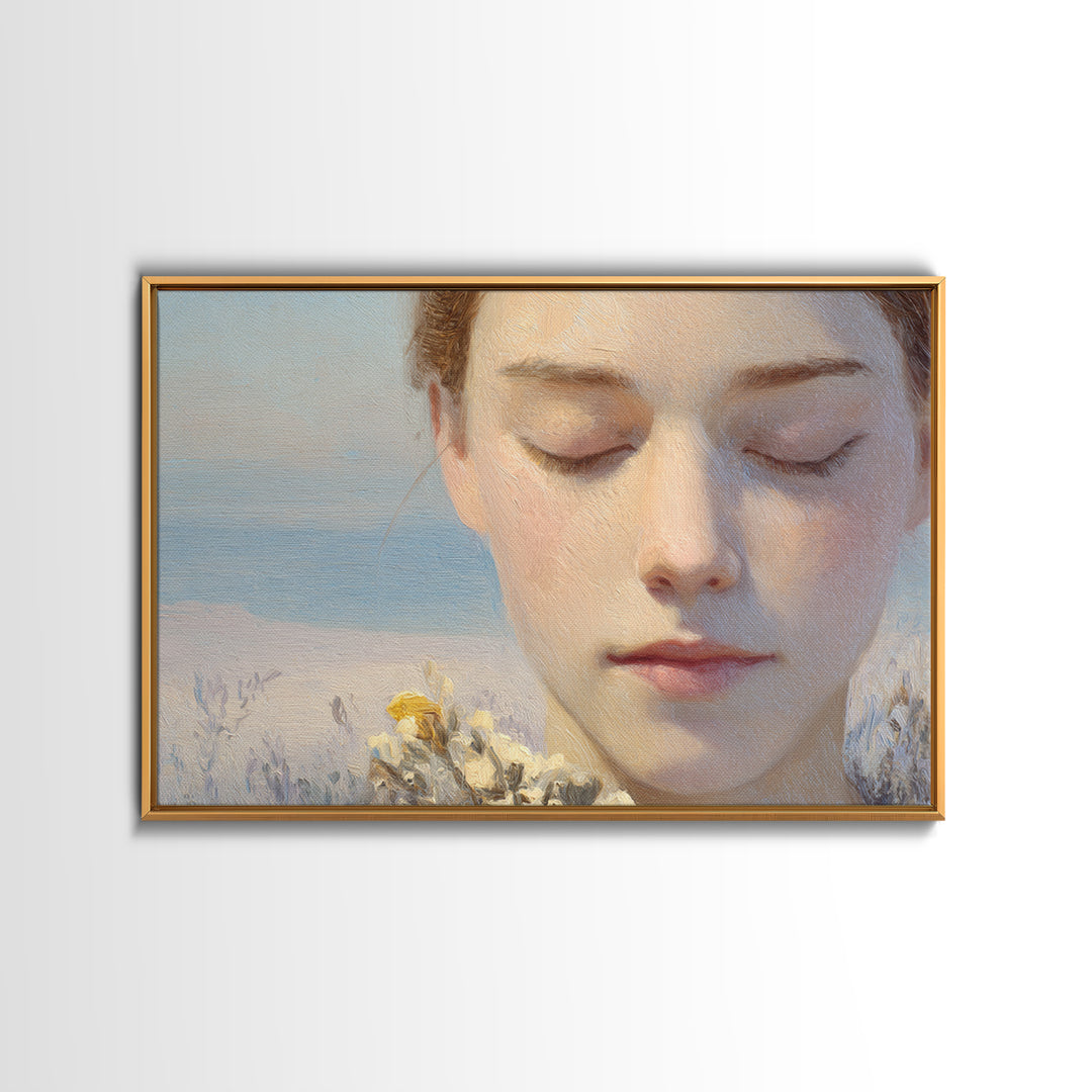 Calm Face Portrait Framed Canvas Print, Meditation Art, Contemporary Art, Living Room Decor, Fine Art, Stillness, Modern Decor, MED-3x2-28