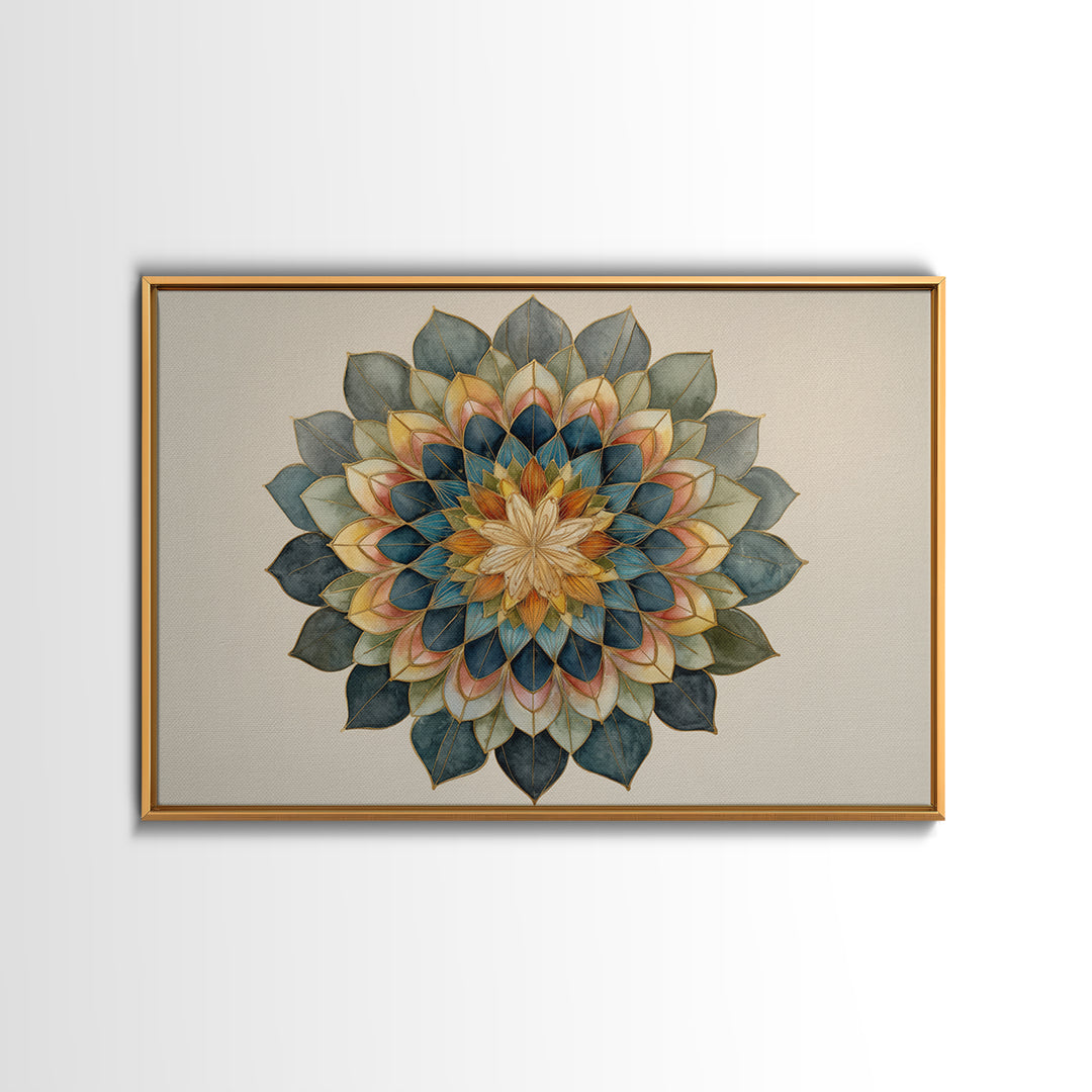 Mandala with Soft Gold and Indigo Symmetry Canvas Print, Meditation Art, Zen Wall Art, Living Room Decor, Fine Art, Stillness, MED-3x2-30