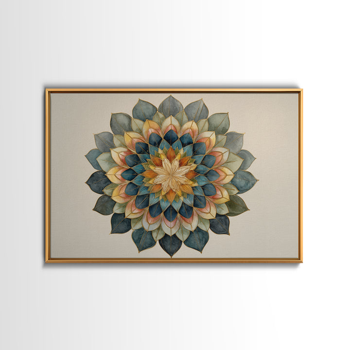 Mandala with Soft Gold and Indigo Symmetry Canvas Print, Meditation Art, Zen Wall Art, Living Room Decor, Fine Art, Stillness, MED-3x2-30
