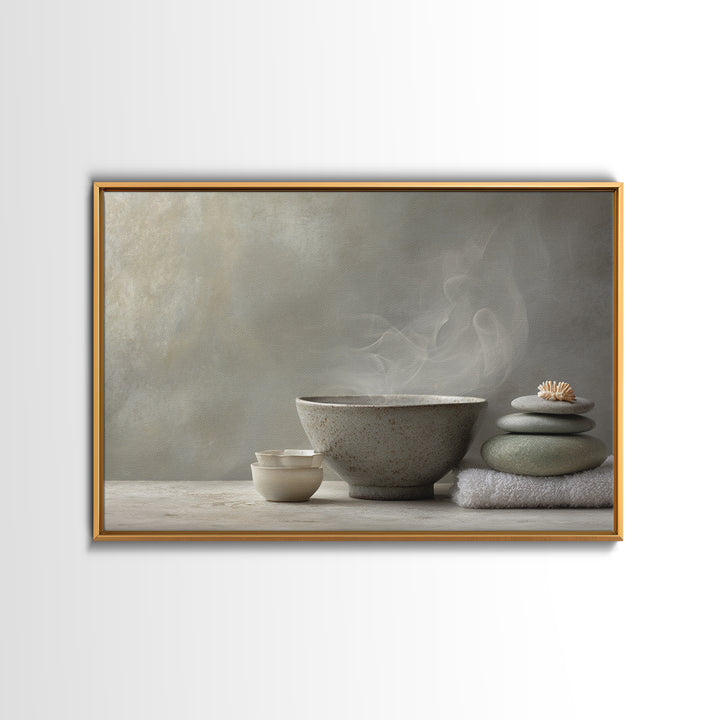 Tea Bowl and Steam Canvas Print, Meditation Art, Neutral Decor, Living Room Decor, Fine Art, Stillness, Home Decor, Wall Decor, MED-3x2-49