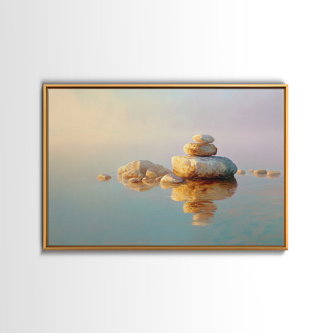 Floating Stones Balanced Above Calm Water Framed Canvas Print, Meditation Art, Room Decor, Living Room Decor, Stillness, MED-3x2-60