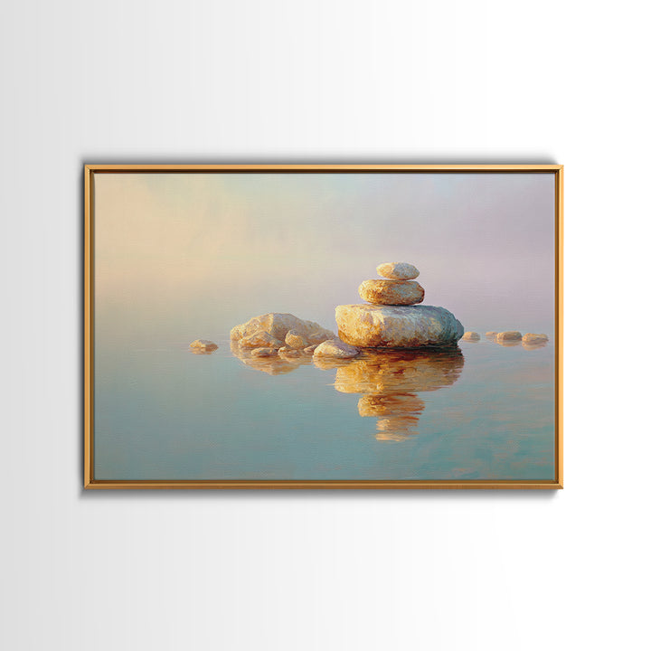 Floating Stones Balanced Above Calm Water Framed Canvas Print, Meditation Art, Room Decor, Living Room Decor, Stillness, MED-3x2-60