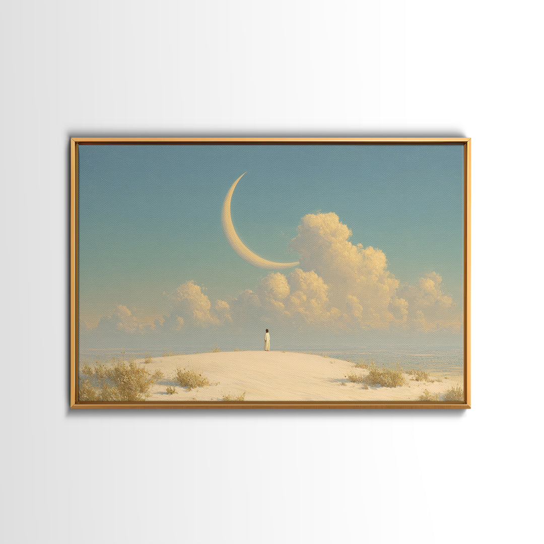 Single Seated Figure Beneath a Crescent Moon Canvas Print, Meditation Art, Modern Wall Art, Living Room Decor, Stillness, MED-3x2-7