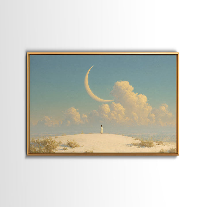 Single Seated Figure Beneath a Crescent Moon Canvas Print, Meditation Art, Modern Wall Art, Living Room Decor, Stillness, MED-3x2-7