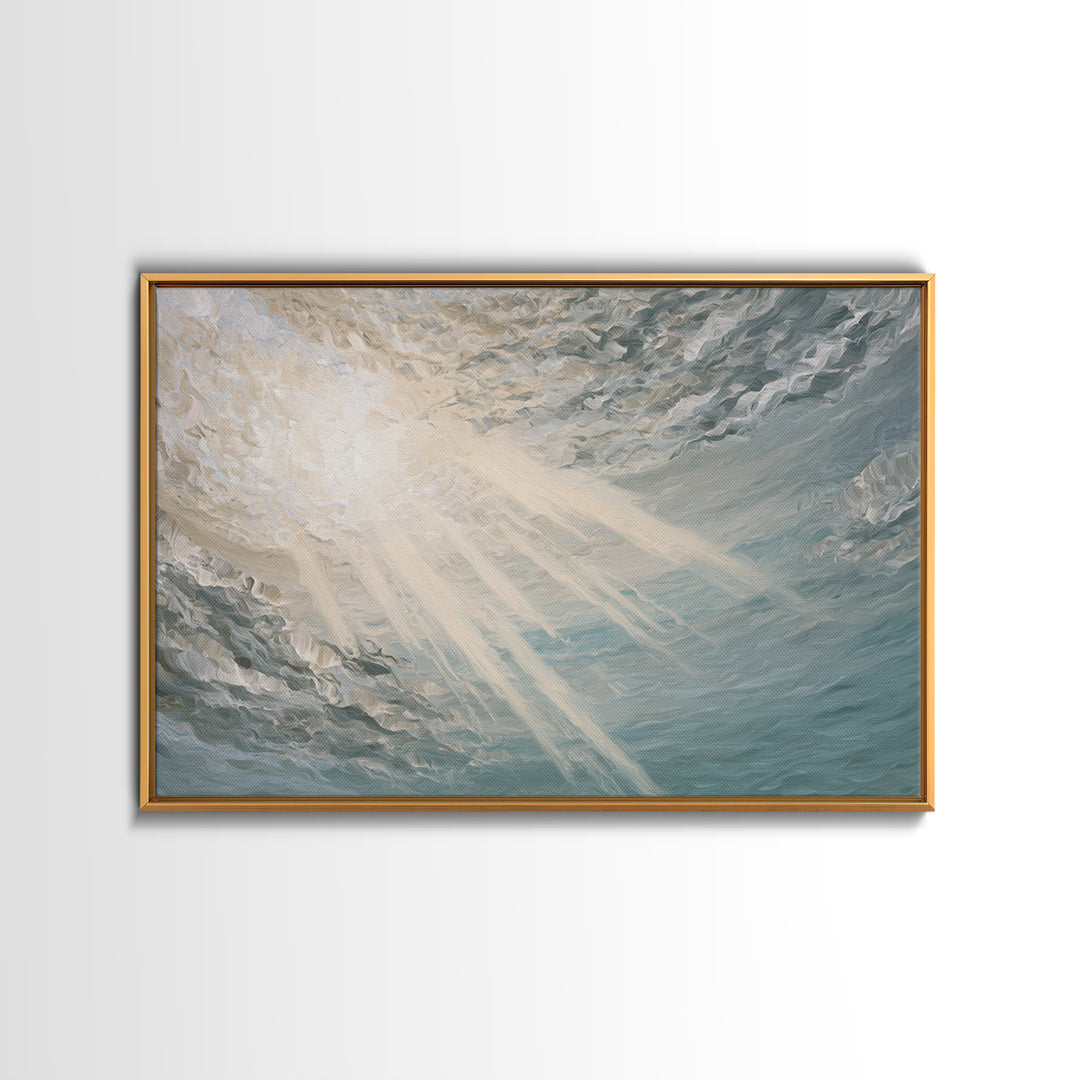Angelic Light Rays Through Abstract Clouds Framed Canvas Print, Meditation Art, Minimalist Art, Living Room Decor, Stillness, MED-3x2-74