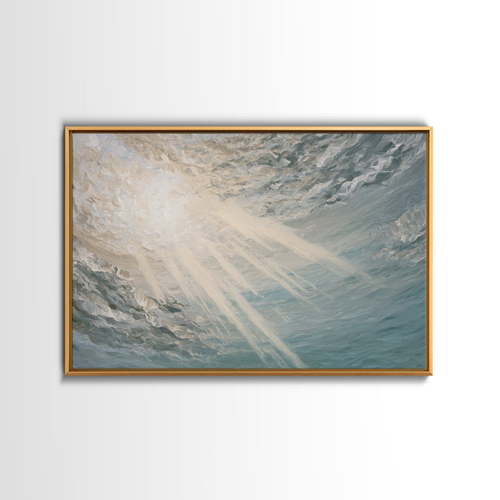 Angelic Light Rays Through Abstract Clouds Framed Canvas Print, Meditation Art, Minimalist Art, Living Room Decor, Stillness, MED-3x2-74