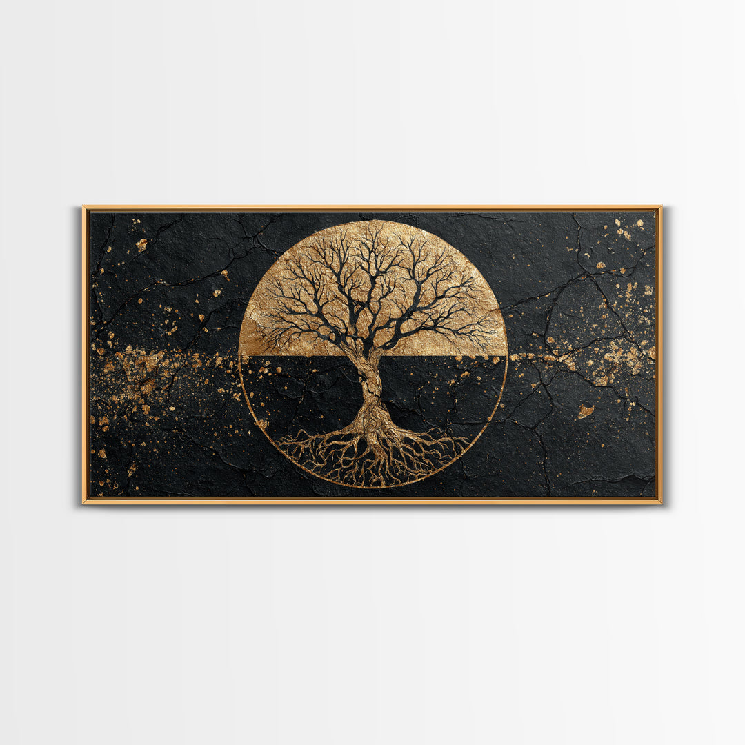 Mystical Roots Tree Gold Canvas Art, Sacred Nature Symbol Canvas Print, Real Wood Frame Wall Décor, Spiritual Mythical Decorative Artwork