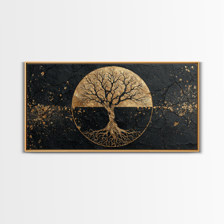 Mystical Roots Tree Gold Canvas Art, Sacred Nature Symbol Canvas Print, Real Wood Frame Wall Décor, Spiritual Mythical Decorative Artwork