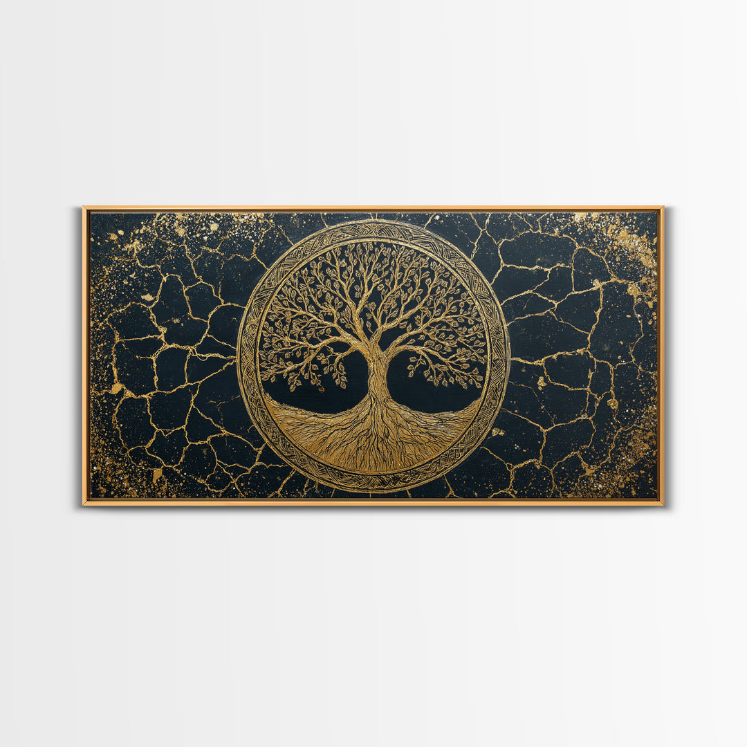 Tree Of Life Circle Gold Canvas Print, Sacred Geometry Wall Art, Norse Yggdrasil Artwork, Real Wood Frame Decor