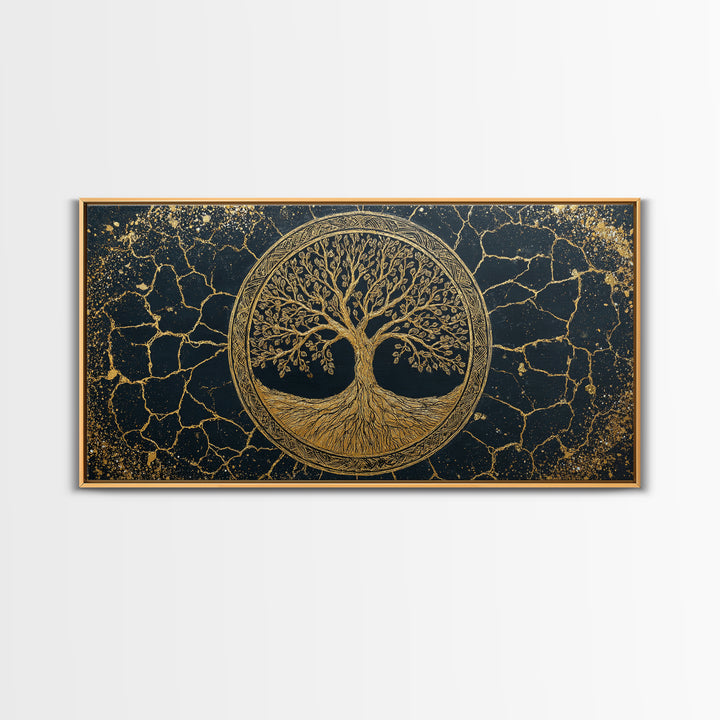 Tree Of Life Circle Gold Canvas Print, Sacred Geometry Wall Art, Norse Yggdrasil Artwork, Real Wood Frame Decor