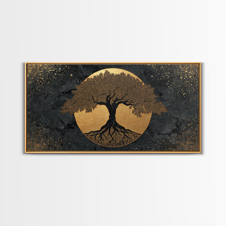 Elegant Tree Of Life Gold Canvas Print, Modern Sacred Geometry Wall Art, Mystical Symbol Artwork, Real Wood Frame Decor