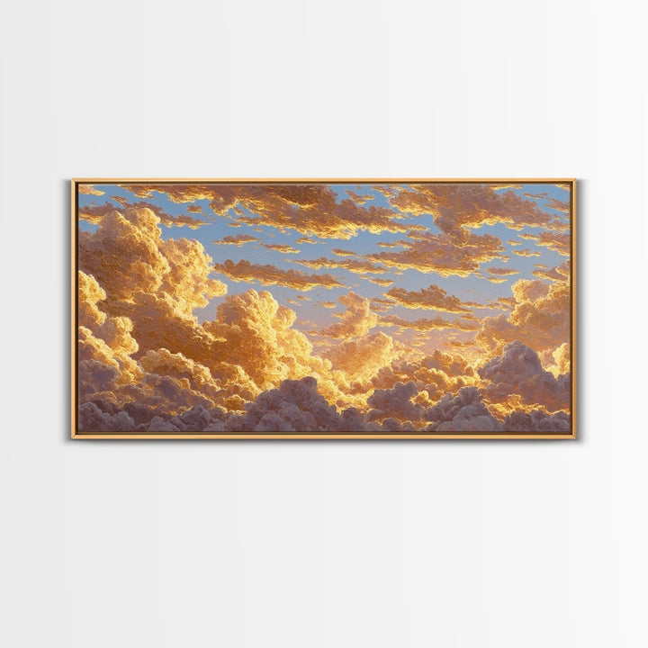 Golden Clouds Gold Canvas Art, Sky And Light Filled Cloudscape Canvas Print, Real Wood Frame Wall Décor, Dreamy Atmospheric Artwork
