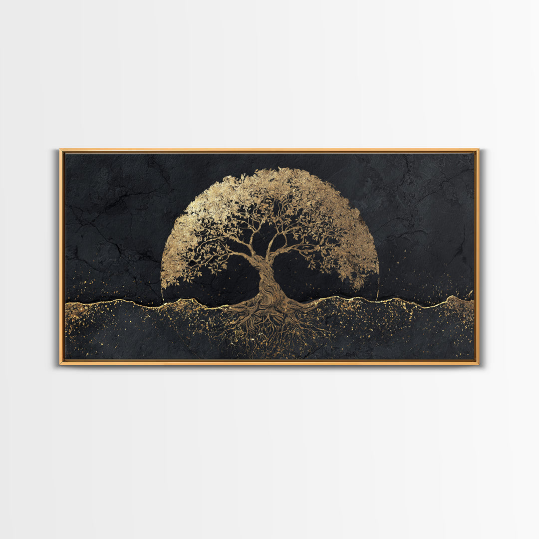 Sacred Tree Gold Canvas Art, Symbolic Roots And Branches Canvas Print, Real Wood Frame Wall Décor, Mystical Spiritual Nature Artwork