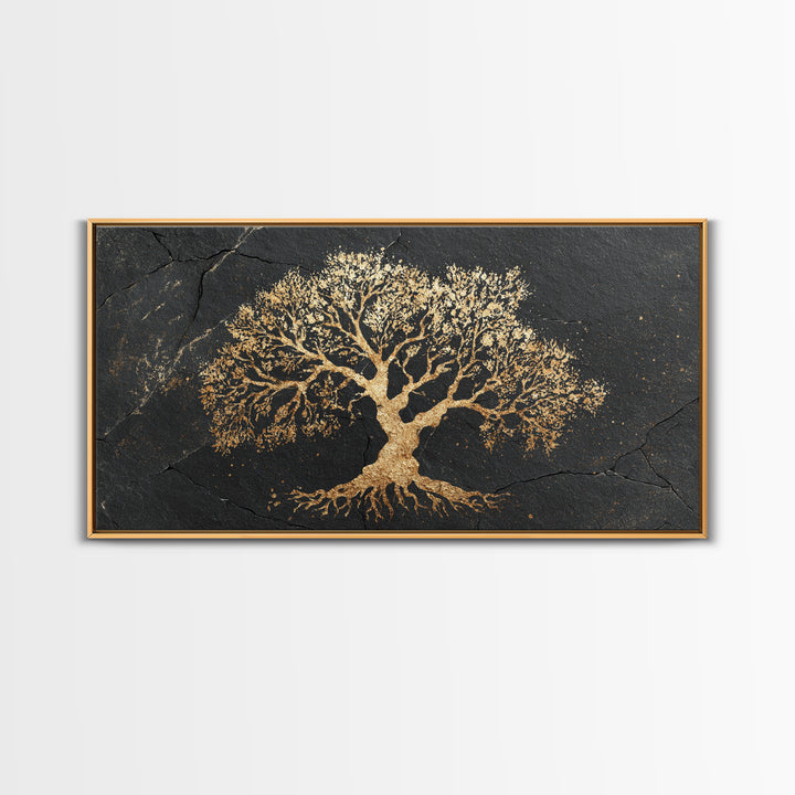 Ancient Oak Gold Canvas Print, Timeless Tree Of Life Design Artwork, Real Wood Frame Wall Décor, Nature Inspired Mystical Symbol Art