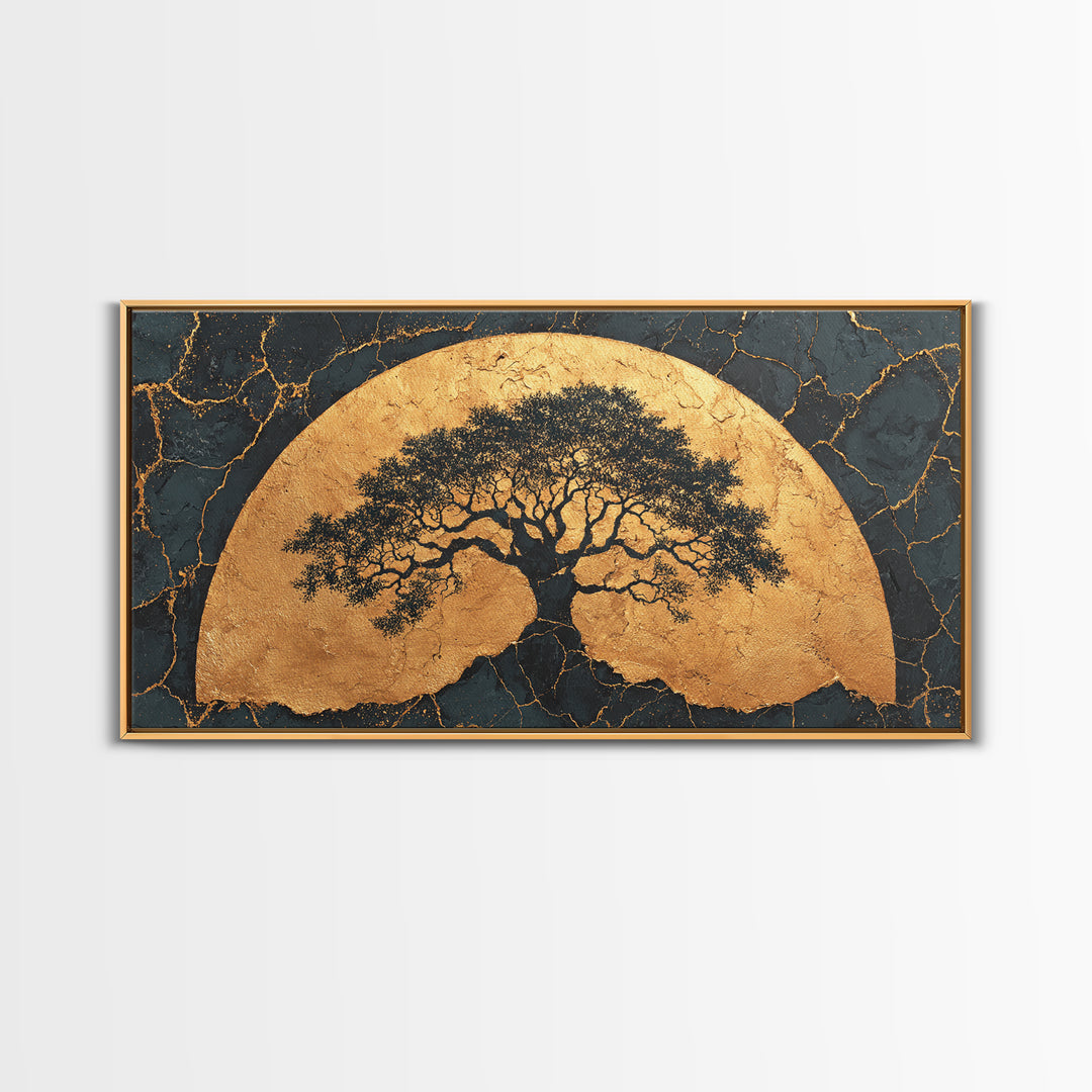 Golden Horizon Tree Gold Canvas Print, Majestic Nature Symbol Artwork, Real Wood Frame Wall Décor, Sacred Celestial Inspired Art