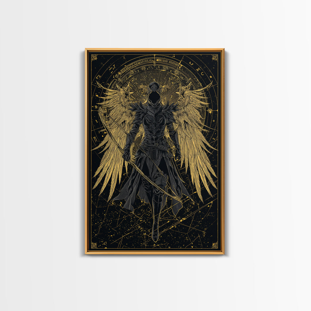 Armored Angel Gold Canvas Art, Celestial Guardian With Bow Canvas Print, Real Wood Frame Wall Décor, Mythology Warrior Artwork