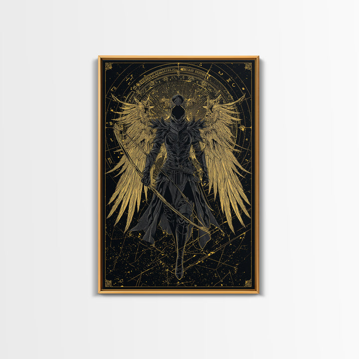 Armored Angel Gold Canvas Art, Celestial Guardian With Bow Canvas Print, Real Wood Frame Wall Décor, Mythology Warrior Artwork