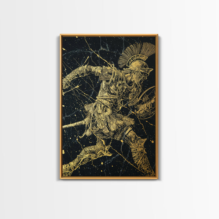Roman Gladiator Gold Canvas Print, Ancient Warrior Art On Canvas, Real Wood Frame Wall Décor, Historical Mythology Artwork