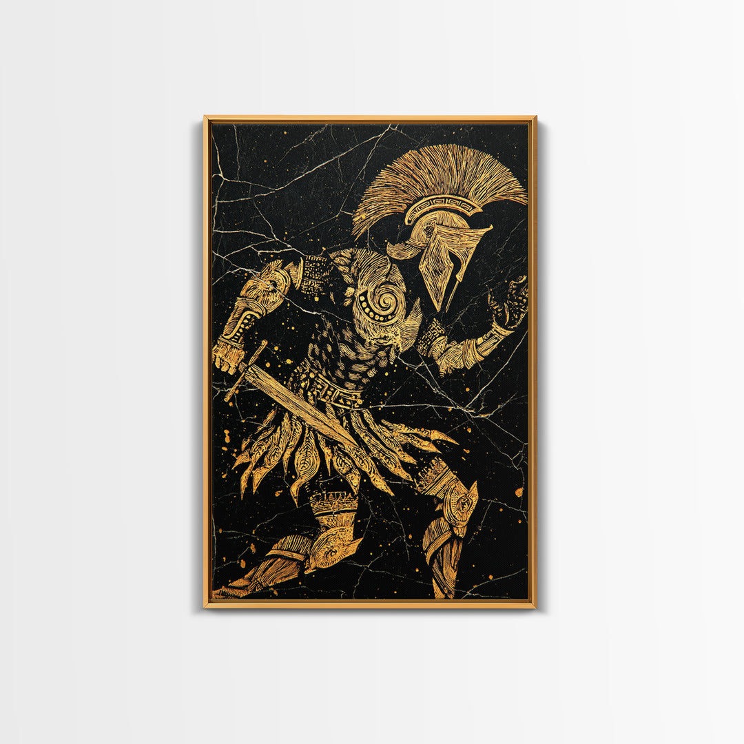 Spartan Warrior Gold Canvas Art, Ancient Soldier Canvas Print, Real Wood Frame Wall Décor, Heroic Mythology Battle Artwork