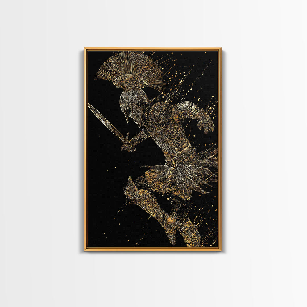 Charging Gladiator Gold Canvas Print, Warrior In Action Art On Canvas, Real Wood Frame Décor, Ancient Mythology Artwork