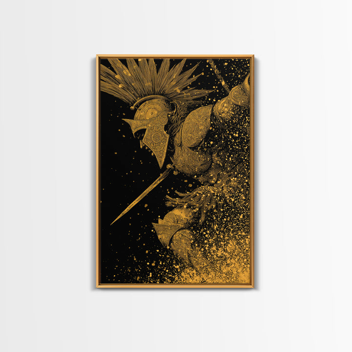 Epic Spartan Gold Canvas Art, Ancient Battle Warrior Canvas Print, Real Wood Frame Wall Décor, Heroic Mythology Statement Artwork