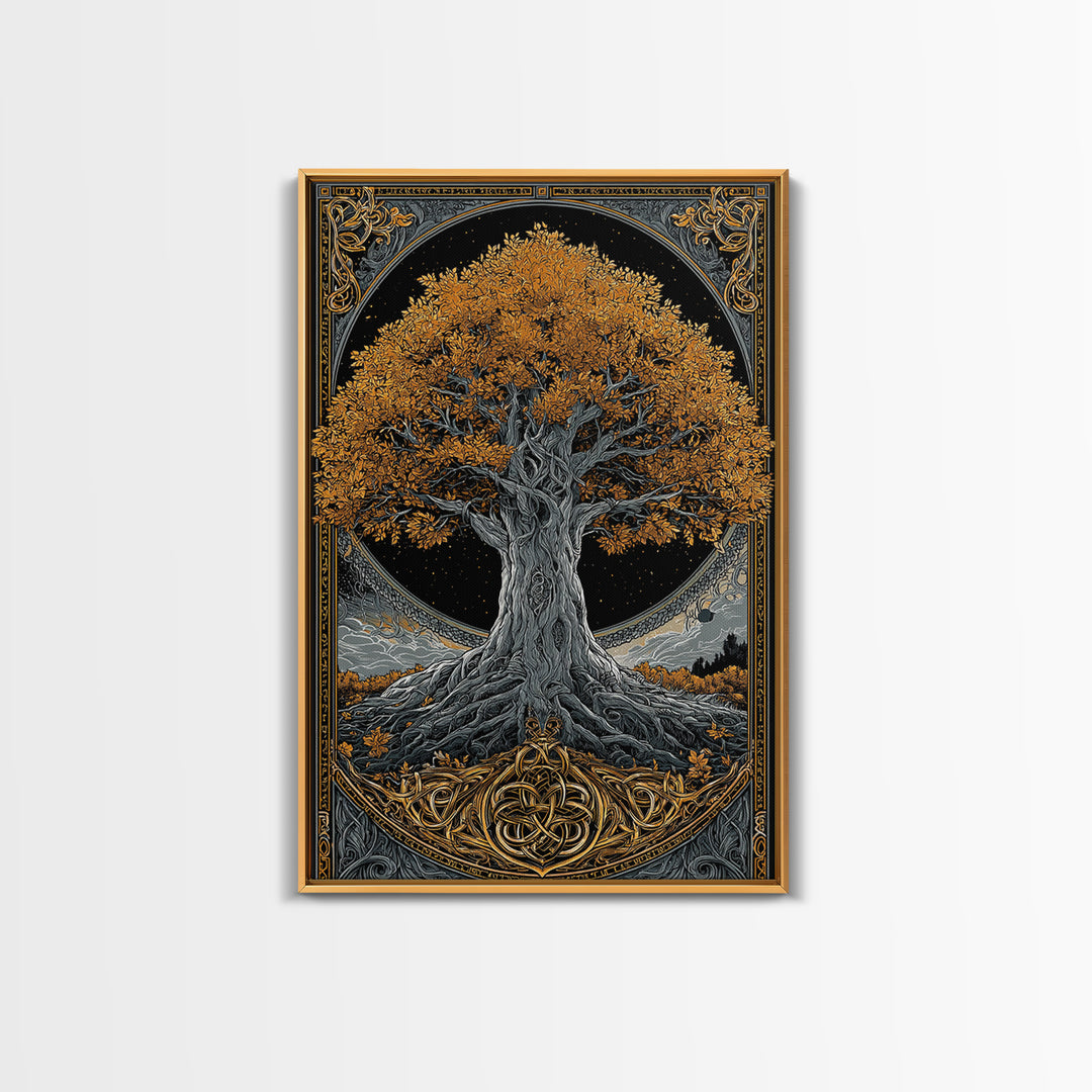 Yggdrasil Tree Gold Canvas Print, Norse Mythology Art On Canvas, Real Wood Frame Wall Décor, Sacred Viking Symbol Artwork