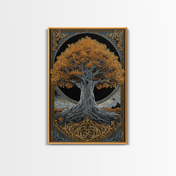 Yggdrasil Tree Gold Canvas Print, Norse Mythology Art On Canvas, Real Wood Frame Wall Décor, Sacred Viking Symbol Artwork