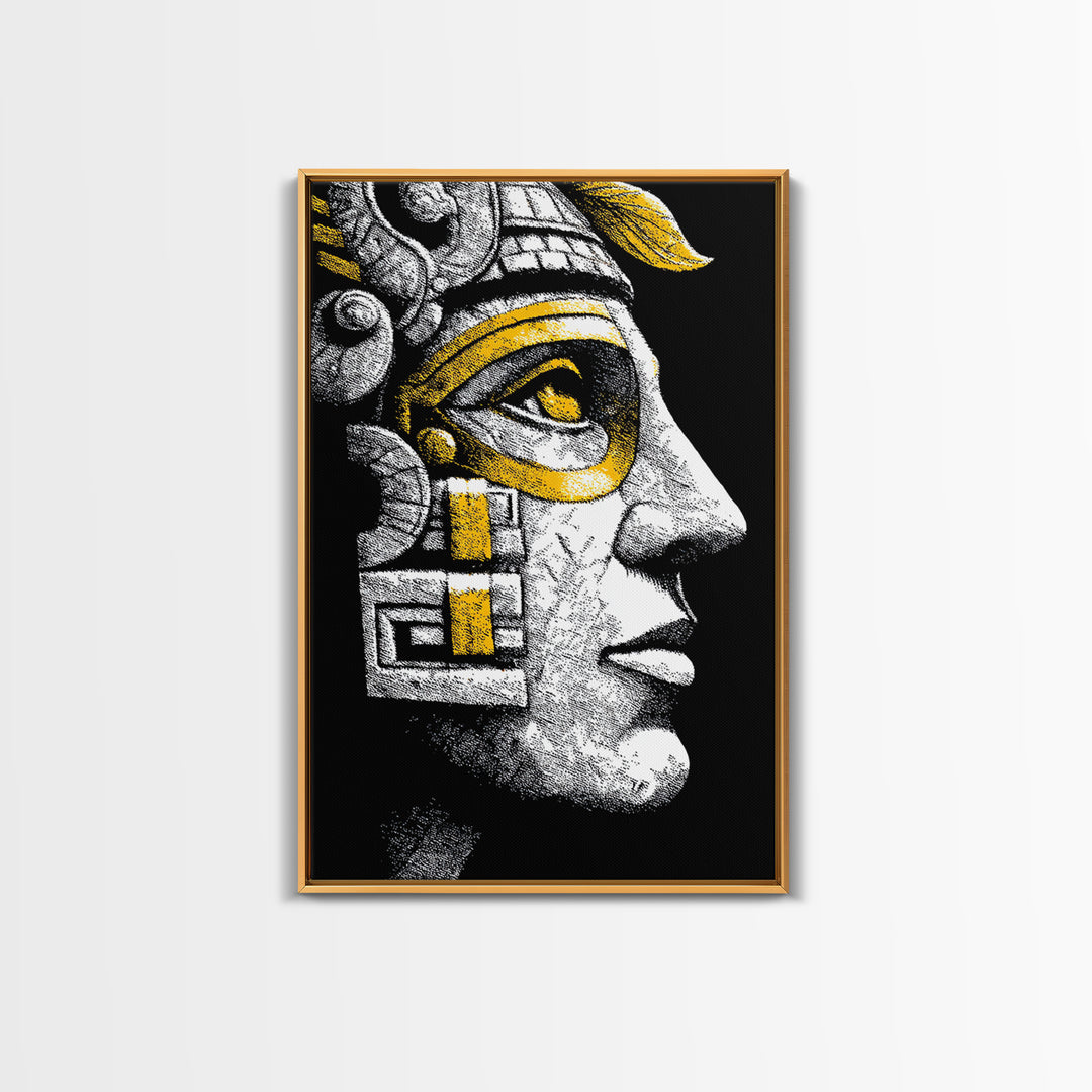 Aztec Warrior Gold Canvas Art, Ancient Tribal Mask Canvas Print, Real Wood Frame Wall Décor, Pre-Columbian Mythology Artwork