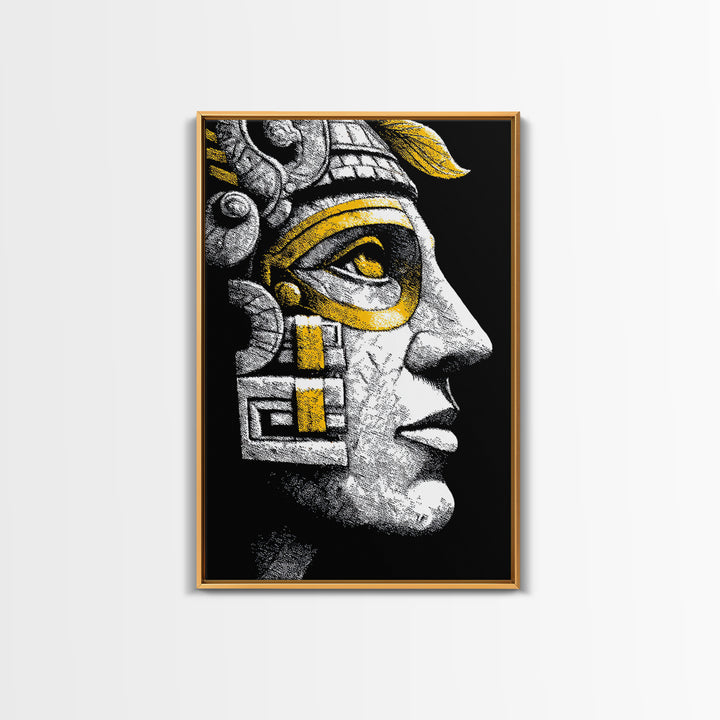 Aztec Warrior Gold Canvas Art, Ancient Tribal Mask Canvas Print, Real Wood Frame Wall Décor, Pre-Columbian Mythology Artwork